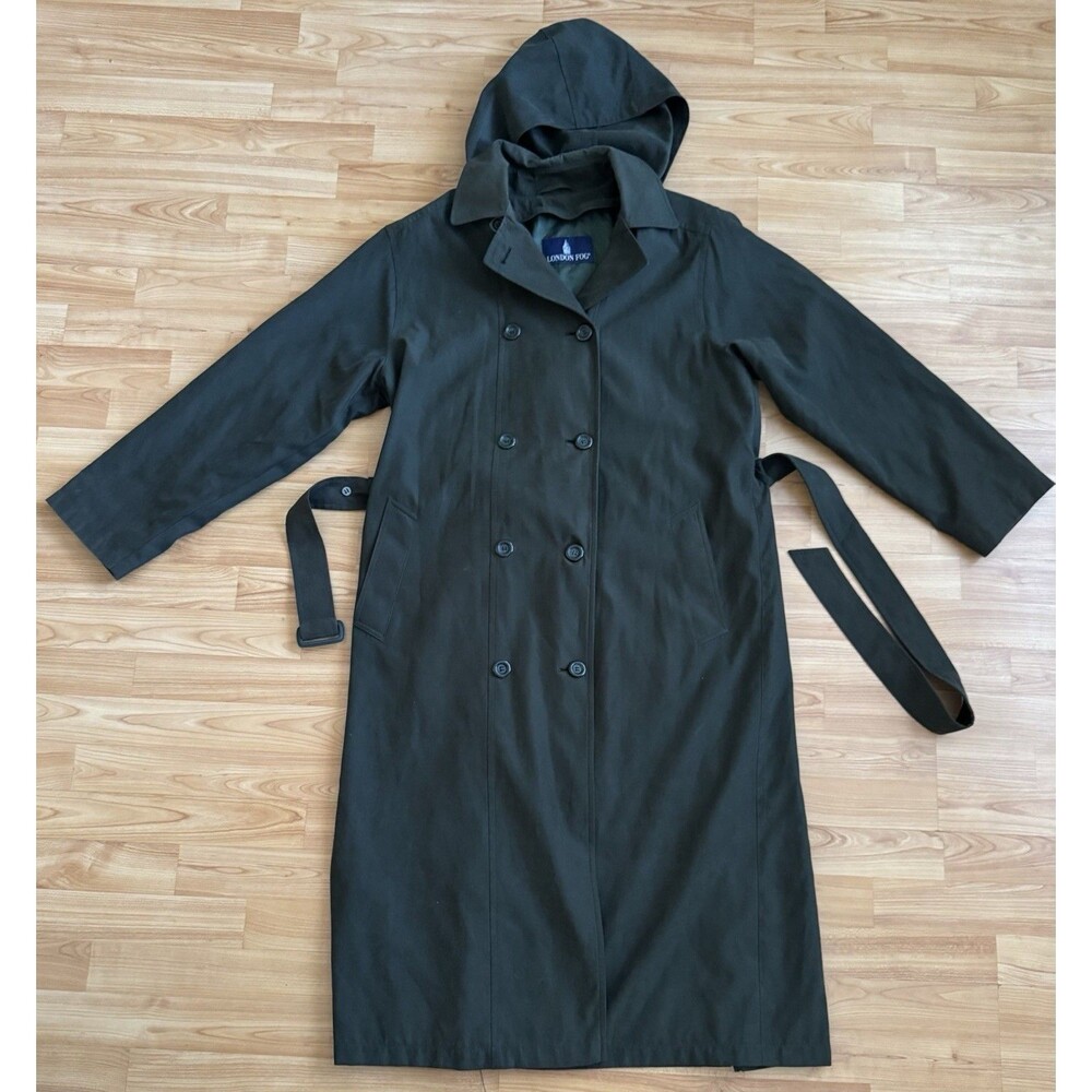 London Fog Trench Coat Womens 12 Double Breasted Hooded Belted Long Forest Green